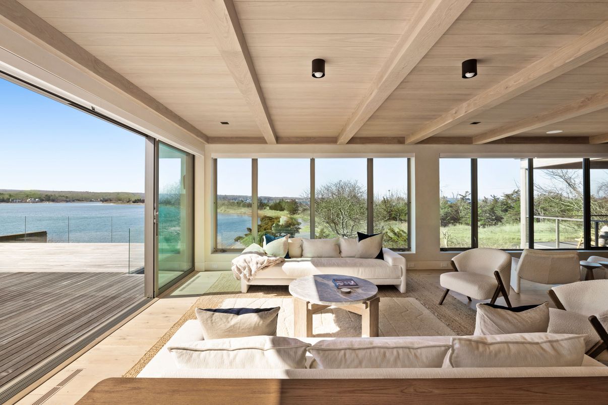 Interior, Living room, Recessed Lighting, Water, Wooden Ceilings, Wood Texture Flooring