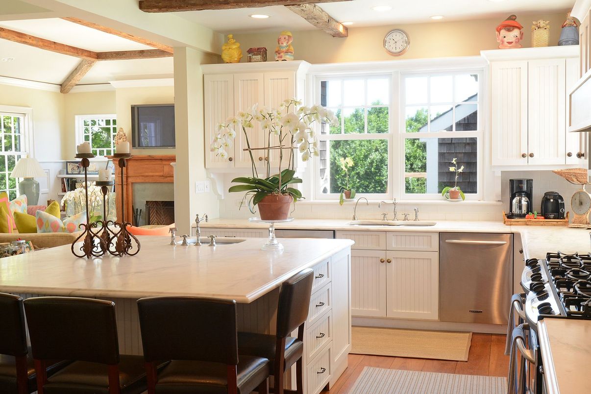 Interior, Kitchen, Recessed Lighting, Stainless Steel Appliances, Wooden Beams, Wood Texture Flooring