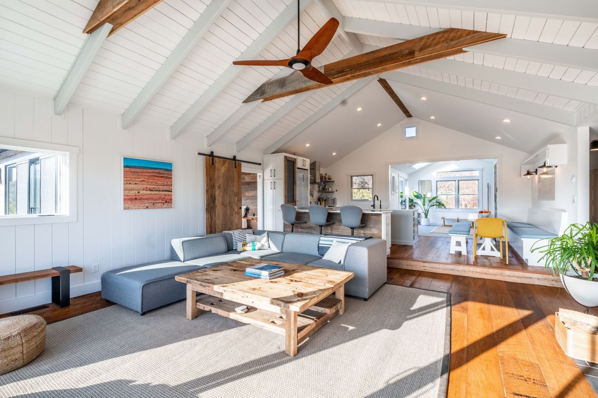 Dining room, Interior, Living room, Recessed Lighting, Wooden Beams, Wood Texture Flooring