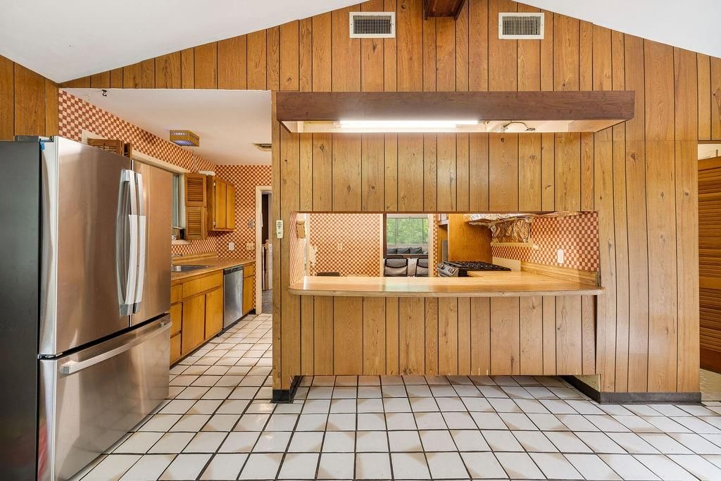 Interior, Kitchen, Stainless Steel Appliances, Wooden Walls