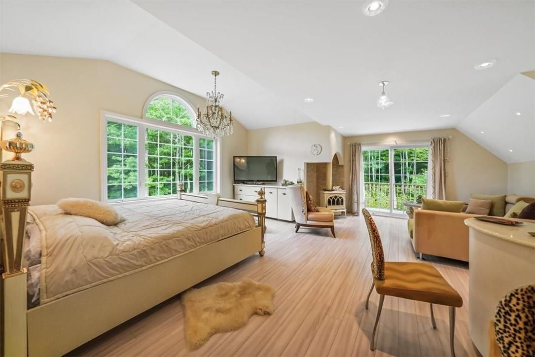 Bedroom, Chandelier, Interior, Recessed Lighting, Wood Texture Flooring