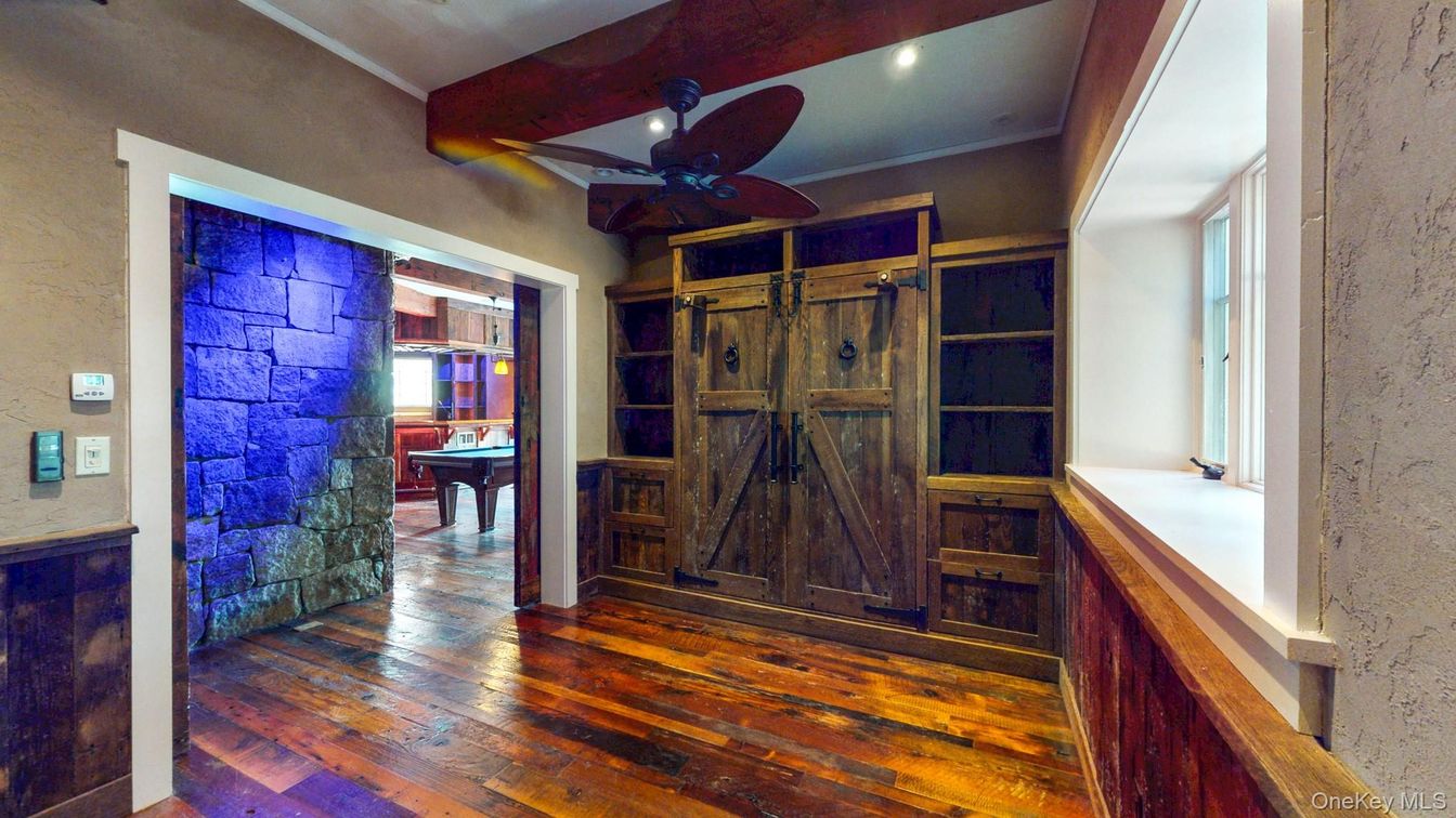 Billiard Table, Game Room, Interior, Recessed Lighting, Stone Walls, Wood Texture Flooring