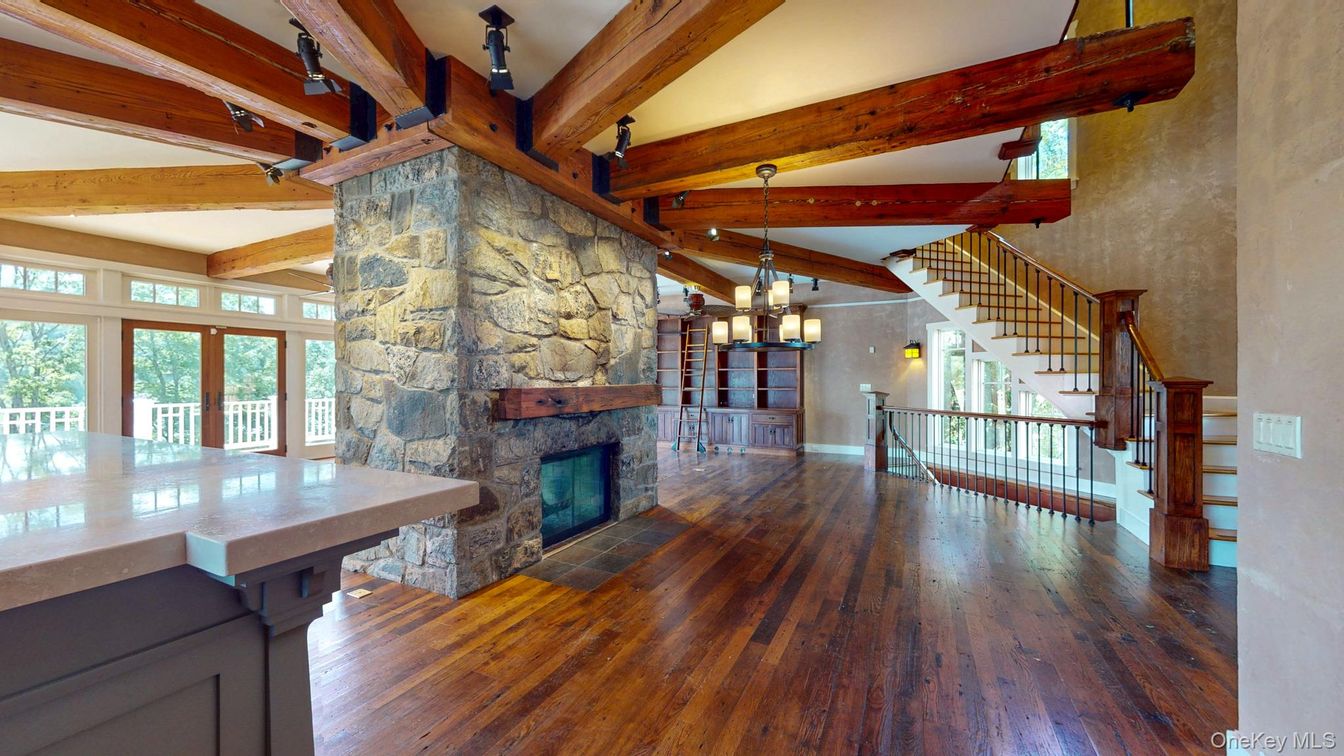 Chandelier, Fireplace, Interior, Pendant Lights, Wooden Beams, Wood Texture Flooring