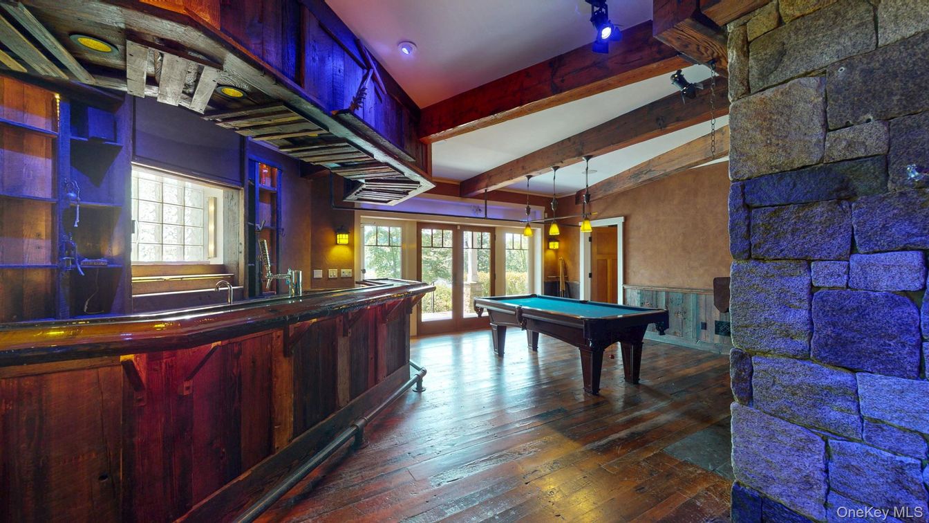 Billiard Table, Game Room, Interior, Recessed Lighting, Stone Walls, Wooden Beams, Wood Texture Flooring