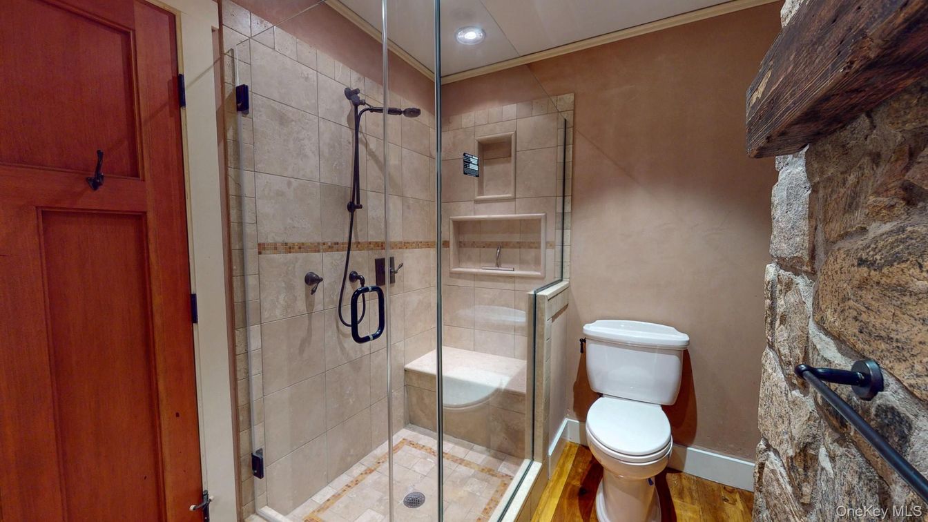 Bathroom, Glass Shower, Interior, Recessed Lighting, Wood Texture Flooring
