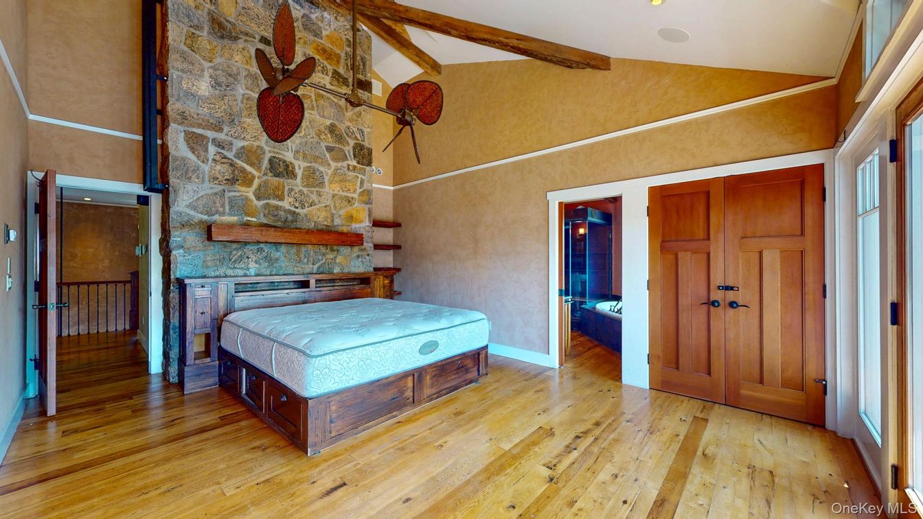 Bedroom, Interior, Stone Walls, Wooden Beams, Wood Texture Flooring