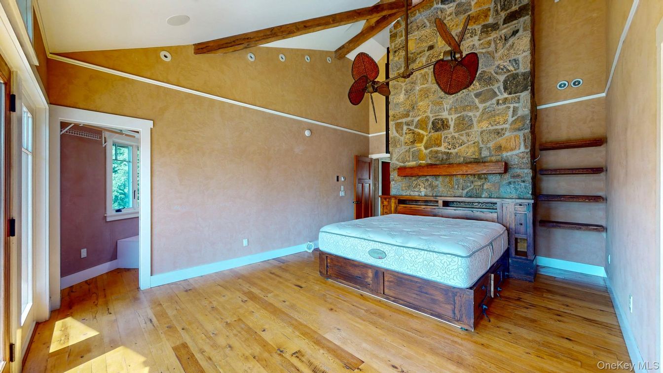 Bedroom, Interior, Stone Walls, Wooden Beams, Wood Texture Flooring