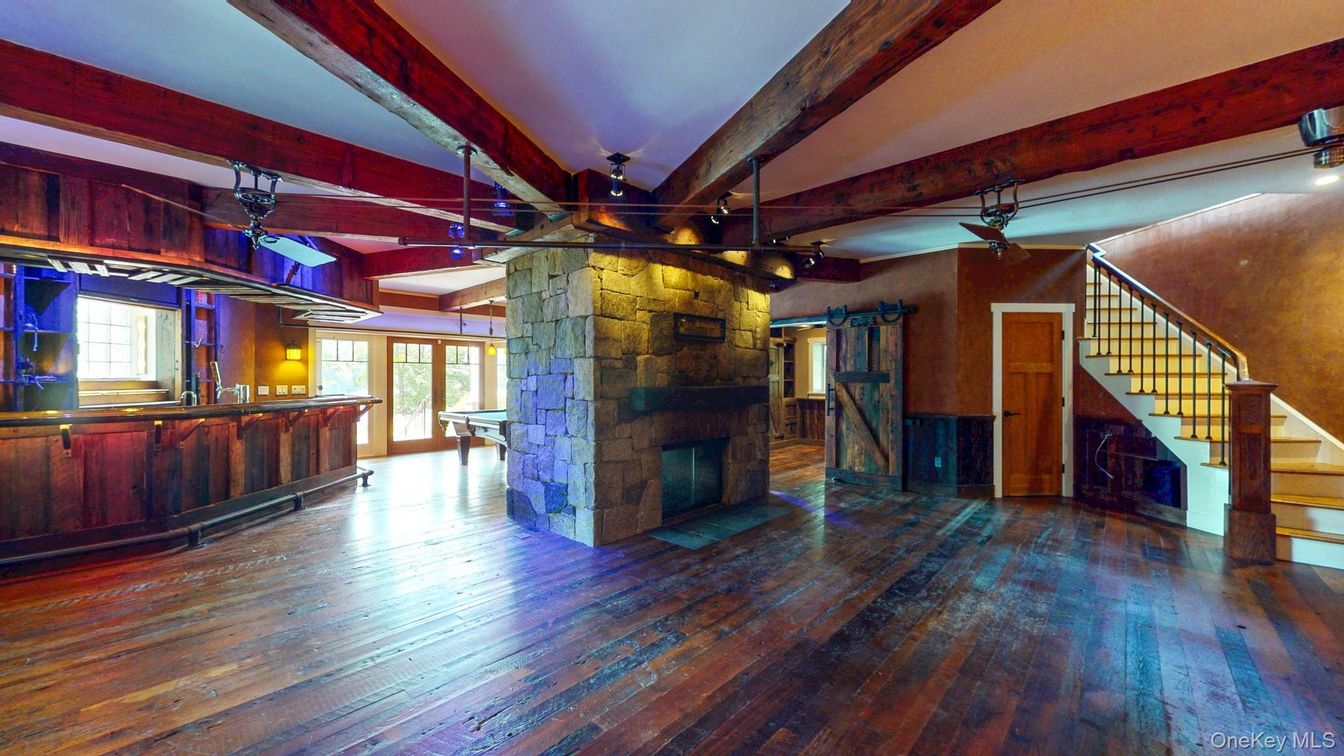 Empty room, Fireplace, Interior, Pendant Lights, Stone Walls, Wooden Beams, Wood Texture Flooring
