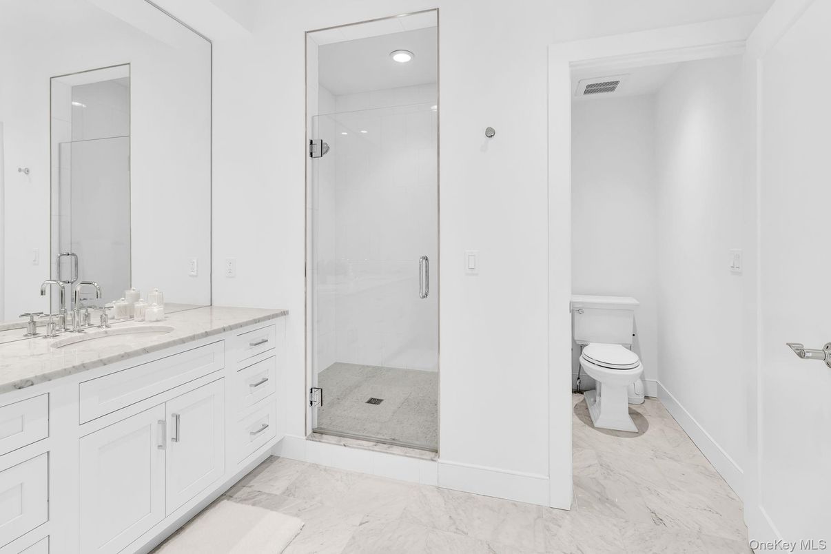 Bathroom, Glass Shower, Interior, Marble, Recessed Lighting