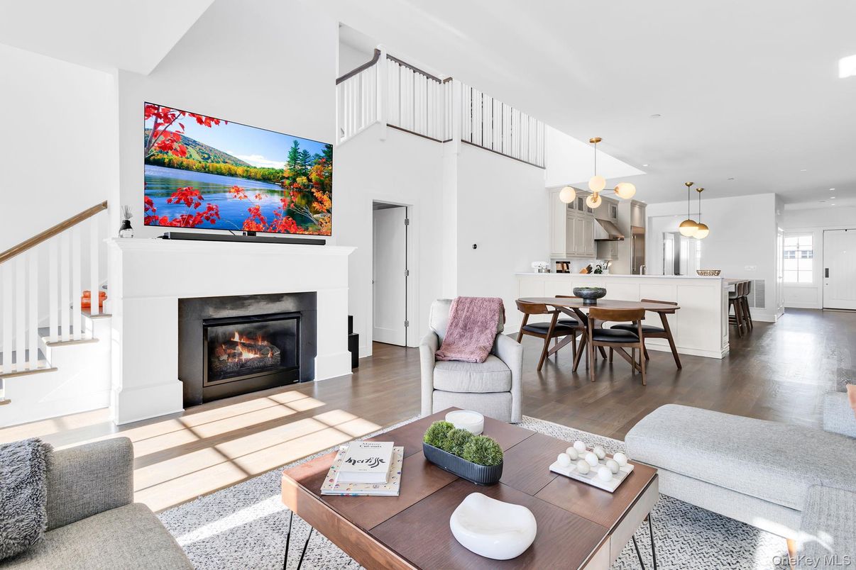 Dining room, Fireplace, Interior, Kitchen, Living room, Pendant Lights, Recessed Lighting, Wood Texture Flooring