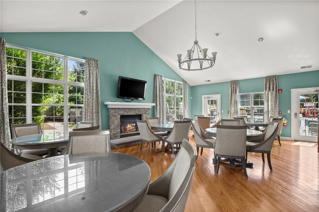 Chandelier, Dining room, Fireplace, Interior, Pendant Lights, Recessed Lighting, Wood Texture Flooring