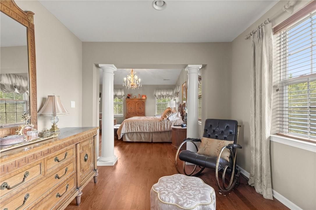 Bedroom, Chandelier, Interior, Recessed Lighting, Wood Texture Flooring