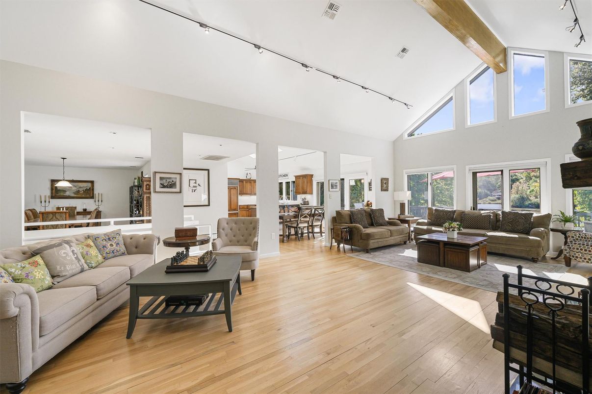 Dining room, Interior, Living room, Pendant Lights, Wooden Beams, Wood Texture Flooring