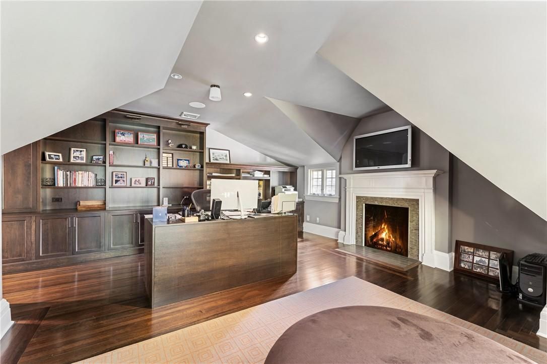 Fireplace, Home Office, Interior, Recessed Lighting, Wood Texture Flooring