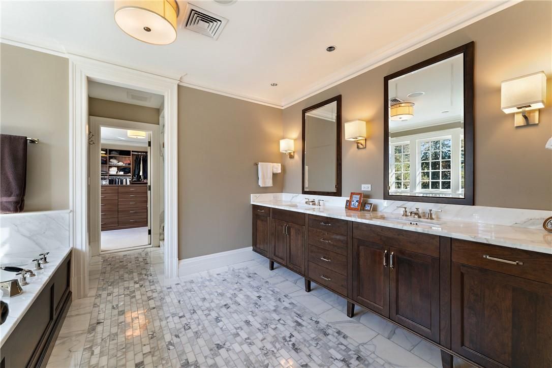 Bathroom, Dual Sink Vanities, Interior, Marble, Recessed Lighting, Walk-in Closets