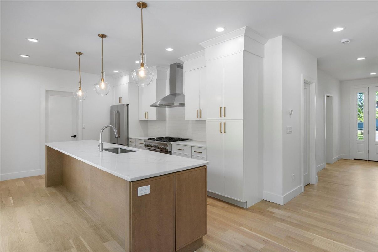 Interior, Kitchen, Pendant Lights, Recessed Lighting, Stainless Steel Appliances, Wood Texture Flooring