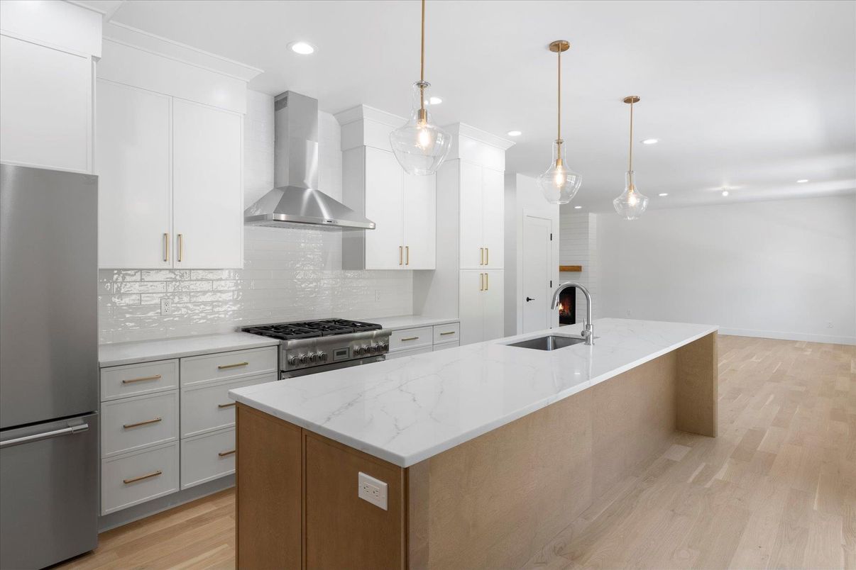 Interior, Kitchen, Pendant Lights, Recessed Lighting, Stainless Steel Appliances, Wood Texture Flooring