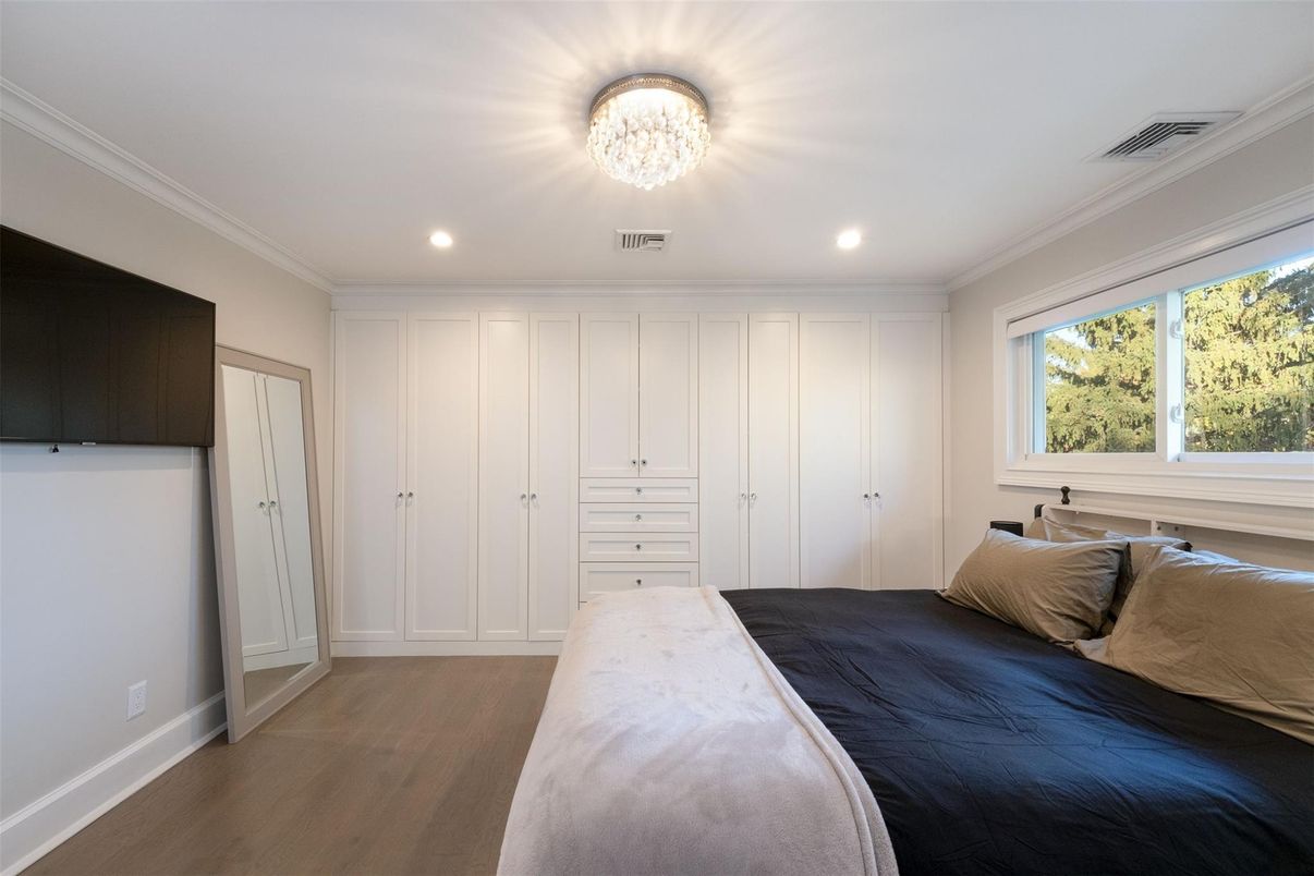 Bedroom, Chandelier, Interior, Recessed Lighting, Wood Texture Flooring
