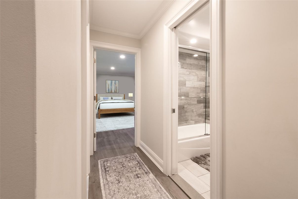 Bathroom, Bedroom, Glass Shower, Interior, Recessed Lighting, Wood Texture Flooring