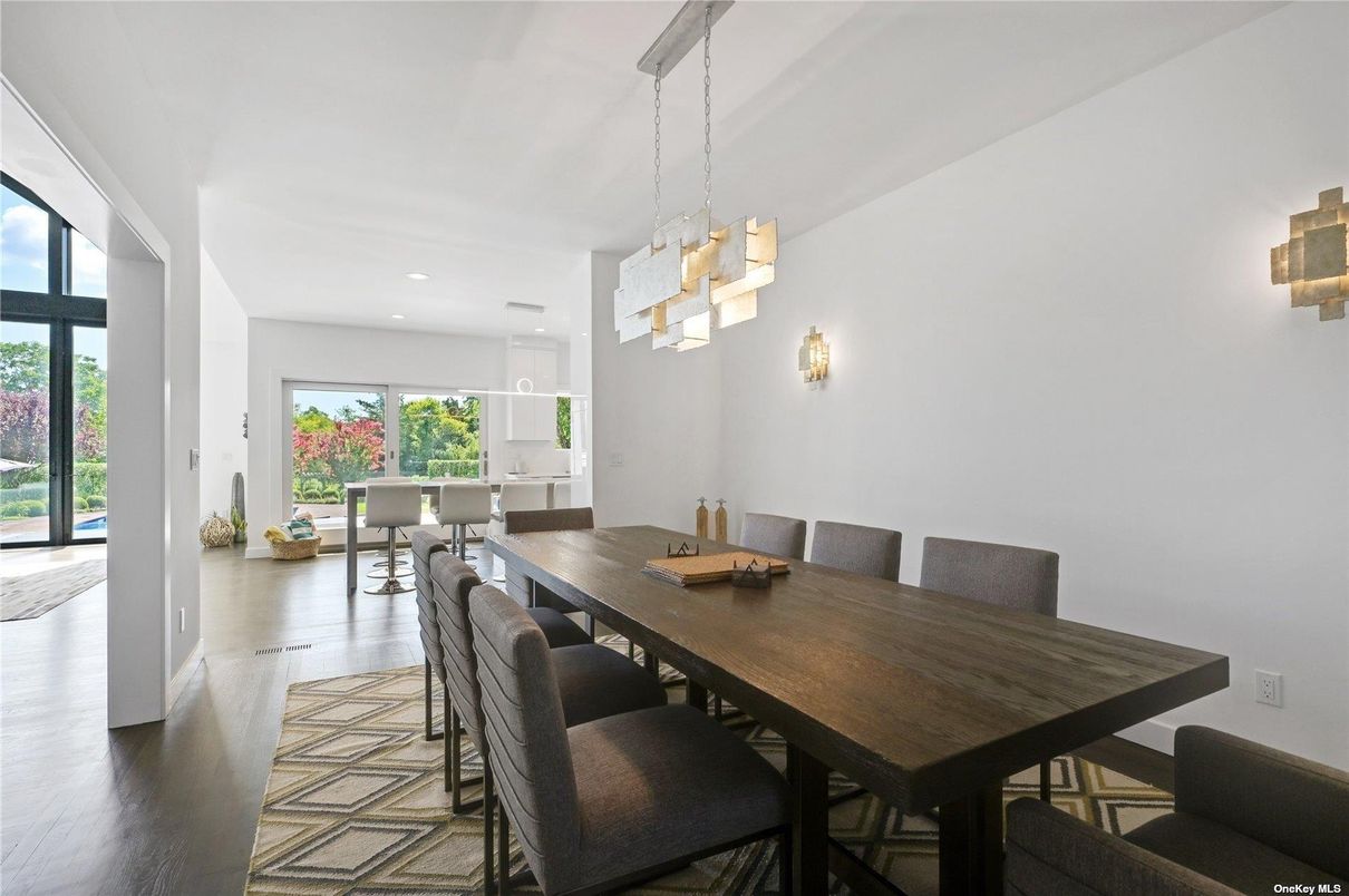 Dining room, Interior, Pendant Lights, Recessed Lighting, Wood Texture Flooring