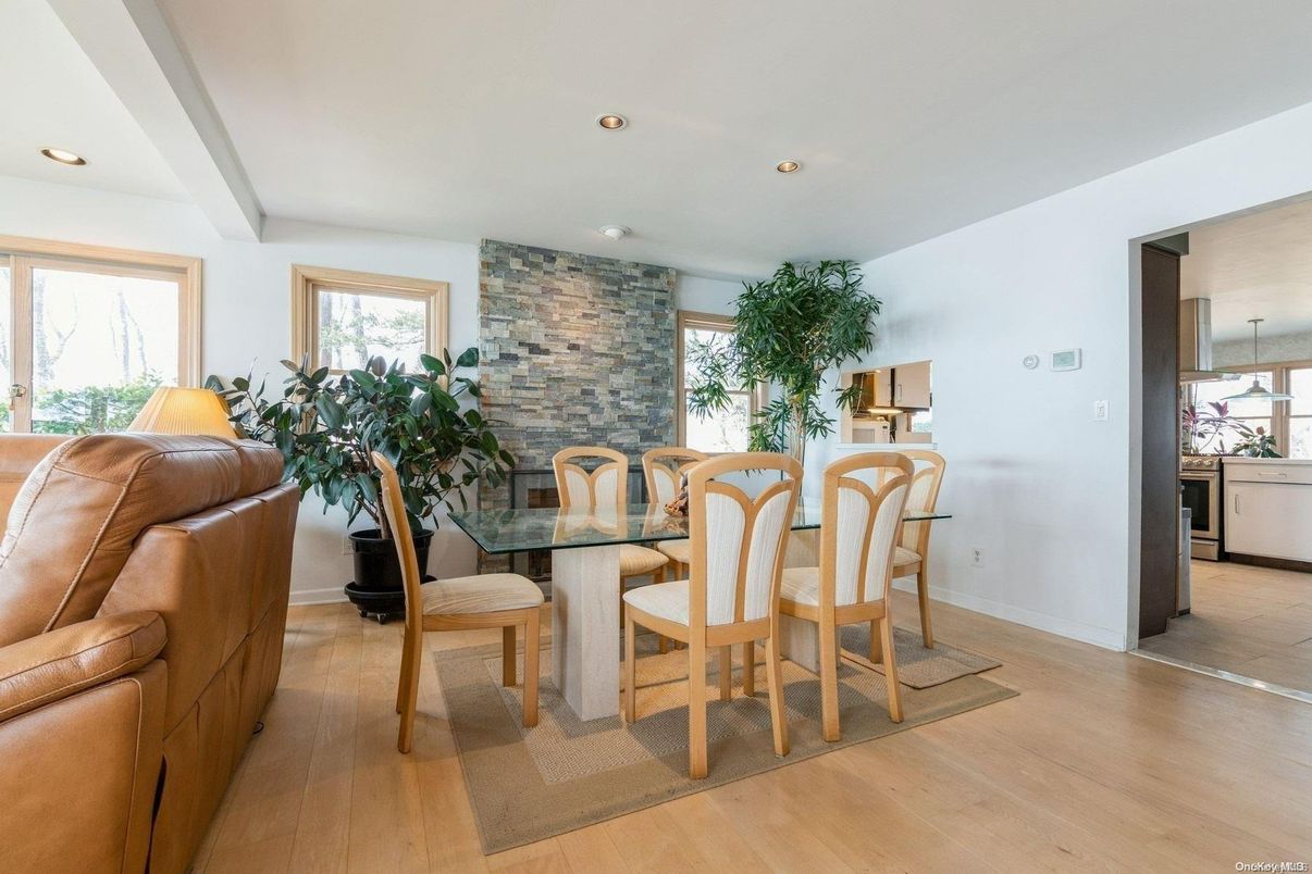 Dining room, Interior, Kitchen, Recessed Lighting, Stone Walls, Wood Texture Flooring