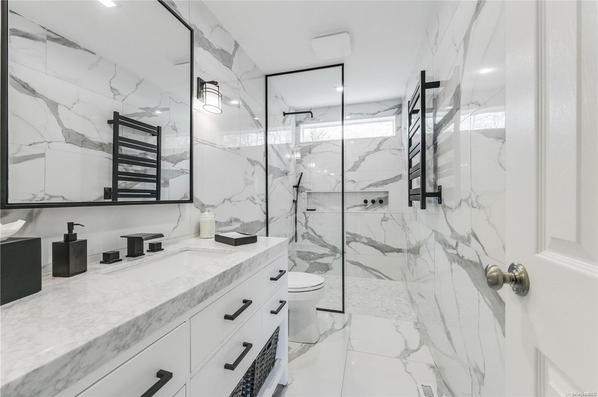 Bathroom, Glass Shower, Interior, Marble, Marble Walls, Recessed Lighting