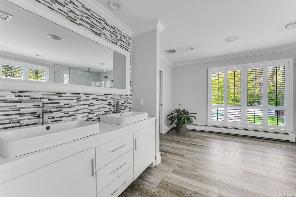 Bathroom, Dual Sink Vanities, Interior, Recessed Lighting, Wood Texture Flooring