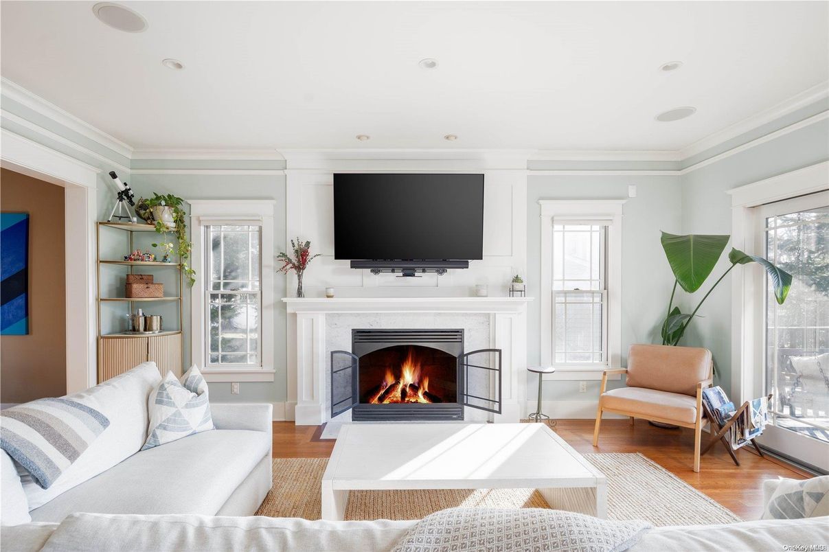 Fireplace, Interior, Living room, Recessed Lighting, Wood Texture Flooring