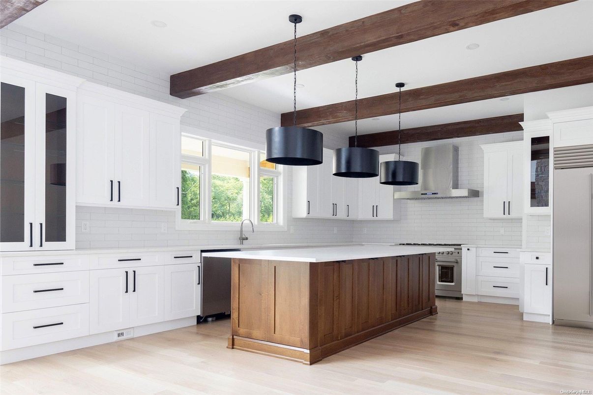 Interior, Kitchen, Pendant Lights, Recessed Lighting, Stainless Steel Appliances, Wooden Beams, Wood Texture Flooring