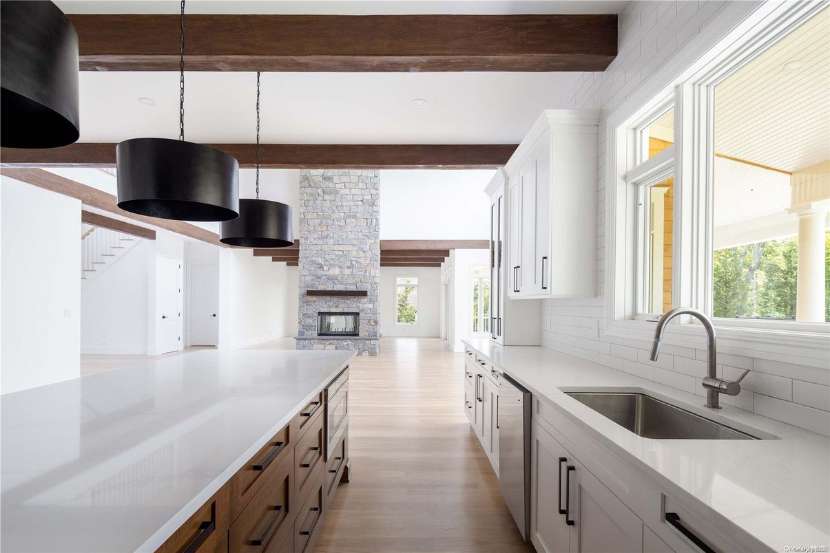 Fireplace, Interior, Kitchen, Pendant Lights, Wooden Beams, Wood Texture Flooring