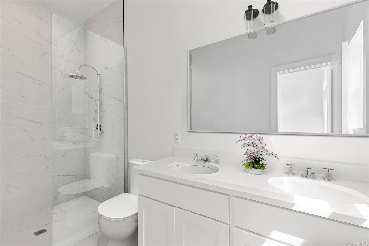 Bathroom, Dual Sink Vanities, Glass Shower, Interior, Marble Walls