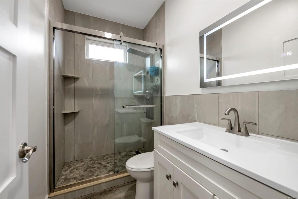 Bathroom, Glass Shower, Interior, Wood Texture Flooring