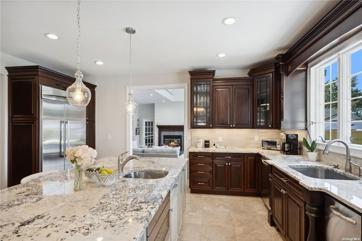 Fireplace, Interior, Kitchen, Pendant Lights, Recessed Lighting, Stainless Steel Appliances