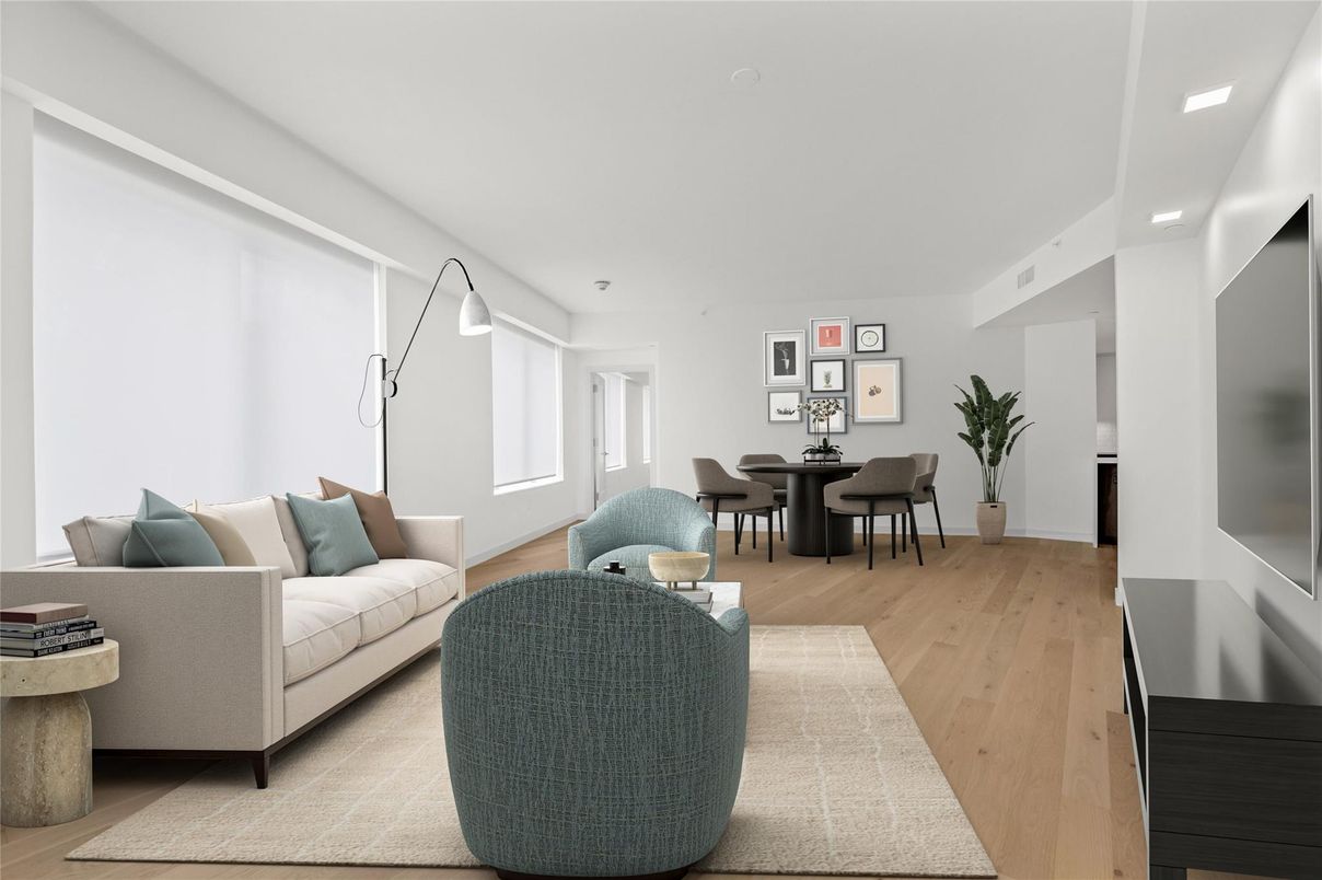 Dining room, Interior, Living room, Recessed Lighting, Wood Texture Flooring