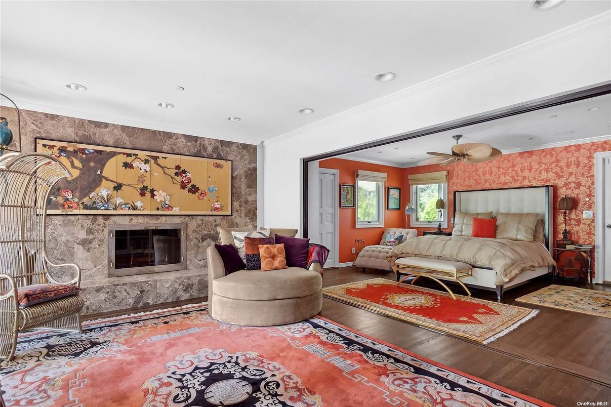 Bedroom, Fireplace, Interior, Living room, Recessed Lighting, Wood Texture Flooring