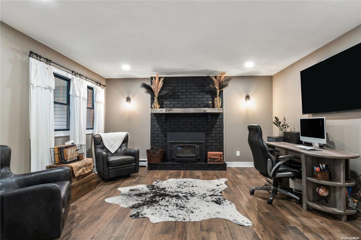 Fireplace, Home Office, Interior, Recessed Lighting, Stone Walls, Wood Texture Flooring