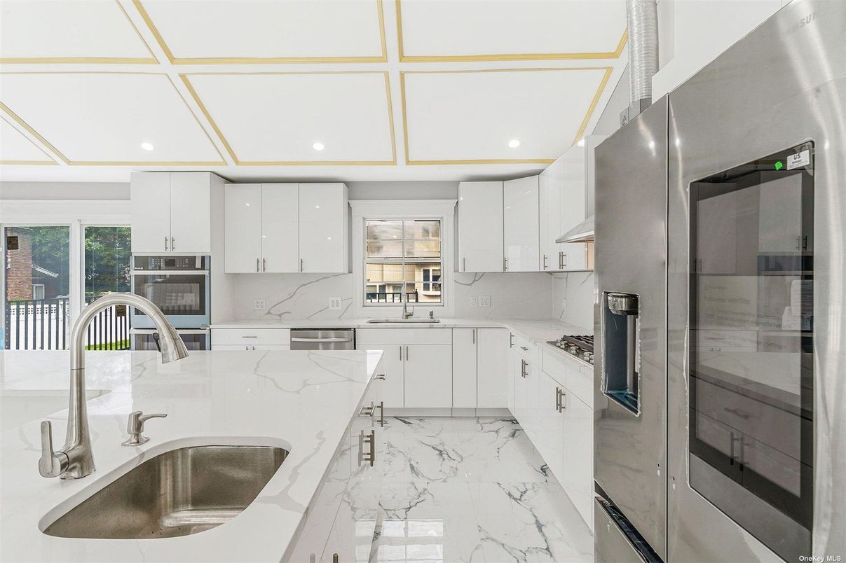 Interior, Kitchen, Marble, Marble Walls, Recessed Lighting, Stainless Steel Appliances