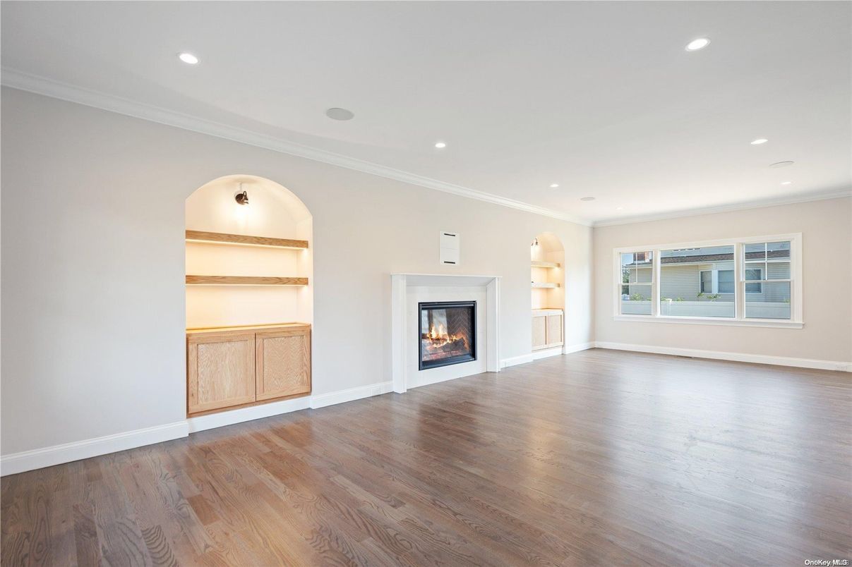 Empty room, Fireplace, Interior, Recessed Lighting, Wood Texture Flooring