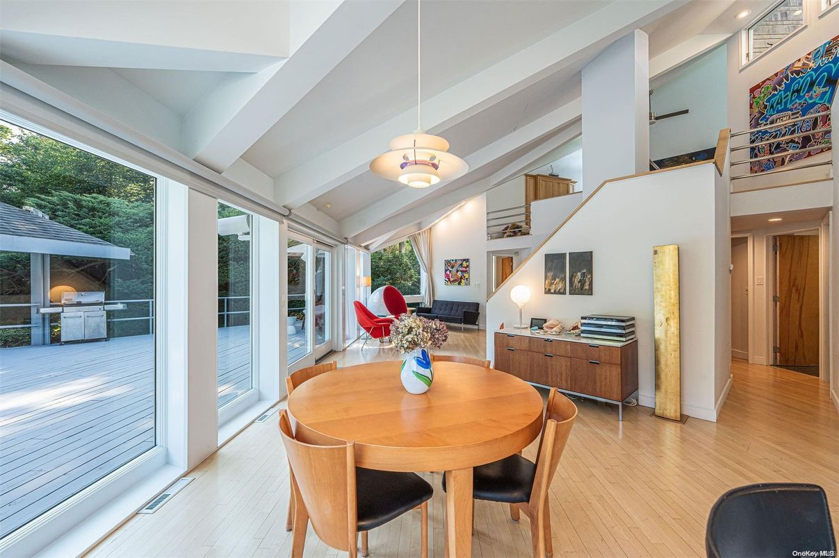Dining room, Interior, Pendant Lights, Wood Texture Flooring