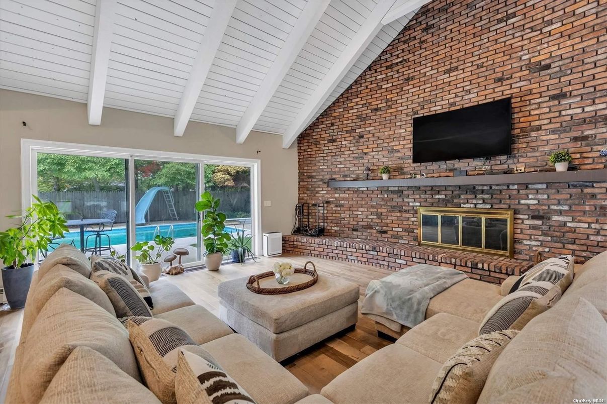 Fireplace, Interior, Living room, Stone Walls, Wood Texture Flooring