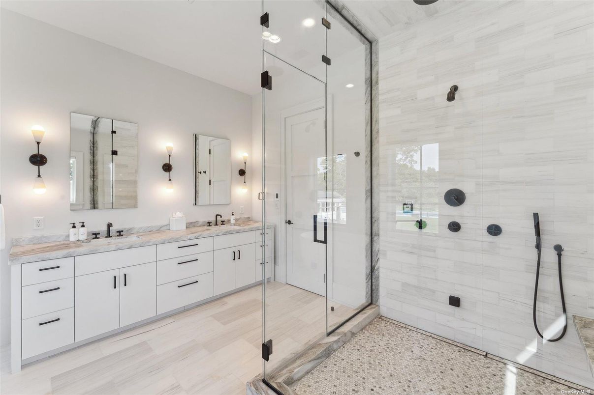Bathroom, Dual Sink Vanities, Glass Shower, Interior, Wood Texture Flooring
