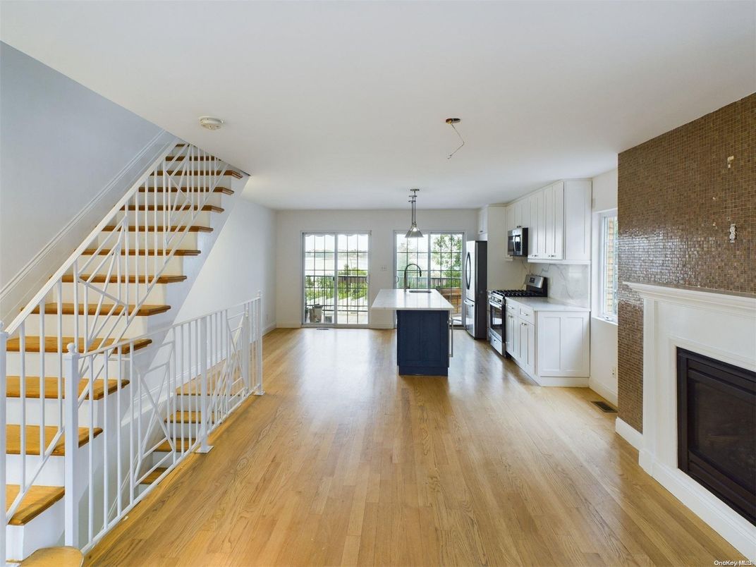 Fireplace, Interior, Kitchen, Pendant Lights, Wood Texture Flooring
