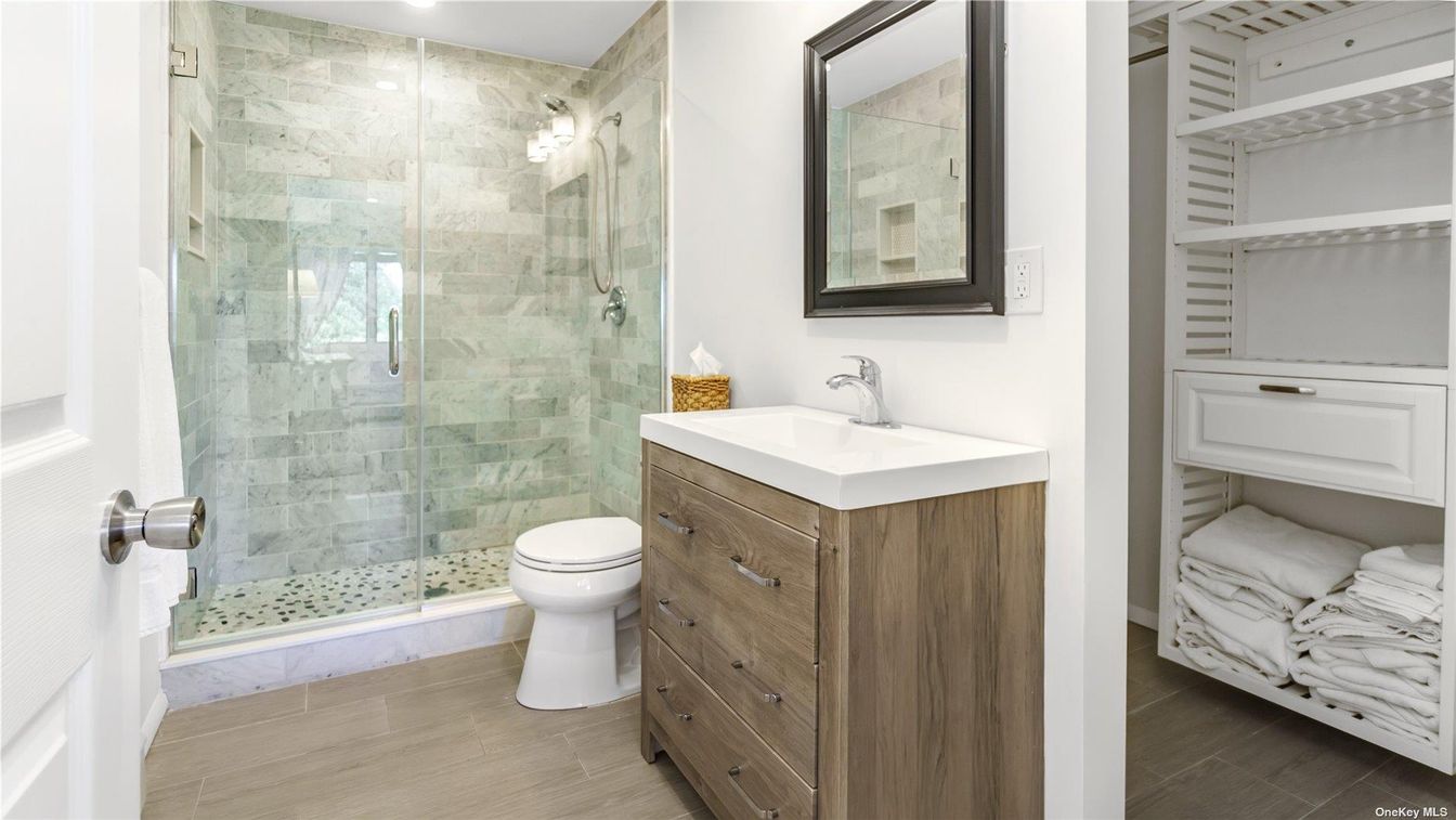 Bathroom, Glass Shower, Interior, Recessed Lighting, Wood Texture Flooring