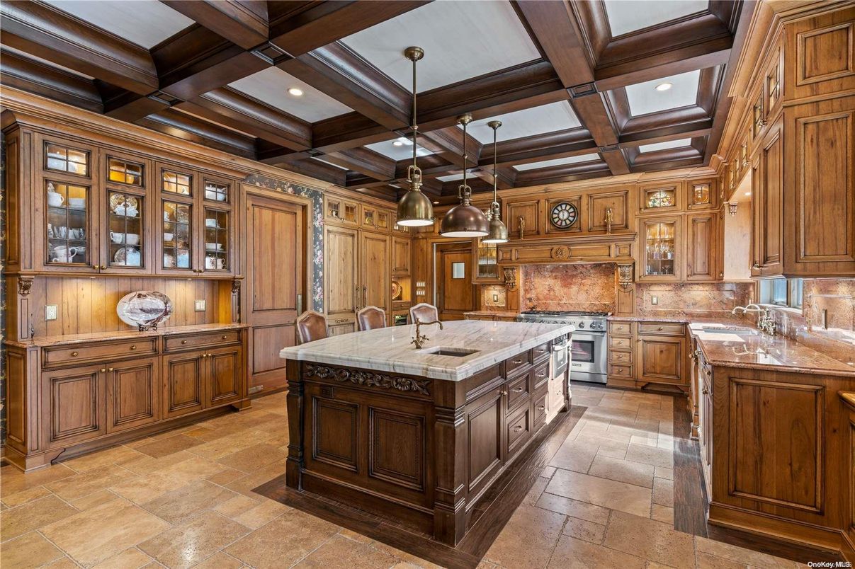 Interior, Kitchen, Pendant Lights, Recessed Lighting, Stainless Steel Appliances, Tile Countertops, Wooden Beams, Wooden Walls