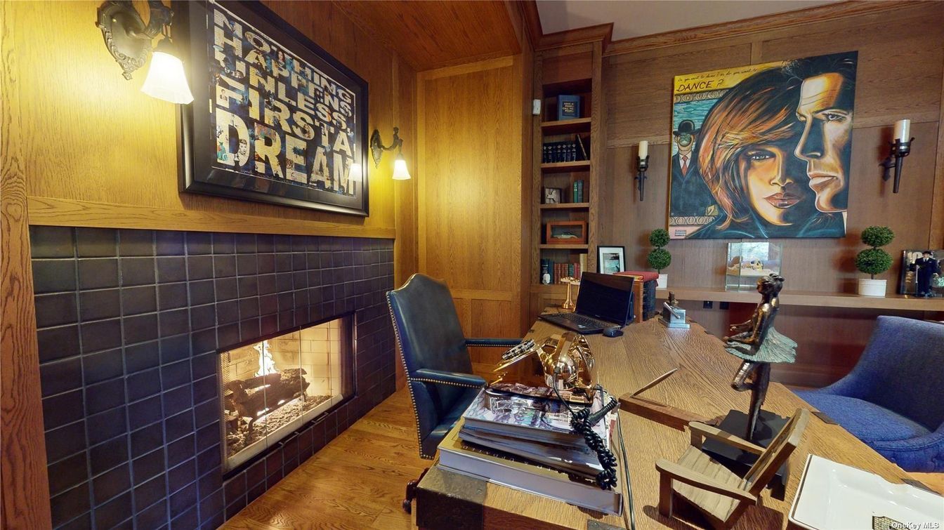 Fireplace, Home Office, Interior, Wood Texture Flooring, Wooden Walls