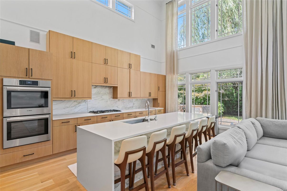 Interior, Kitchen, Marble Walls, Stainless Steel Appliances, Wood Texture Flooring