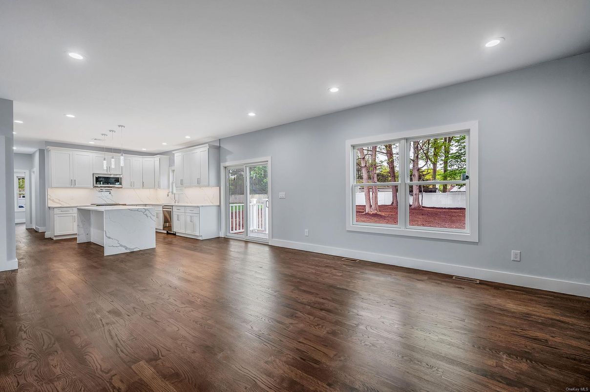 Interior, Kitchen, Marble Walls, Pendant Lights, Recessed Lighting, Wood Texture Flooring