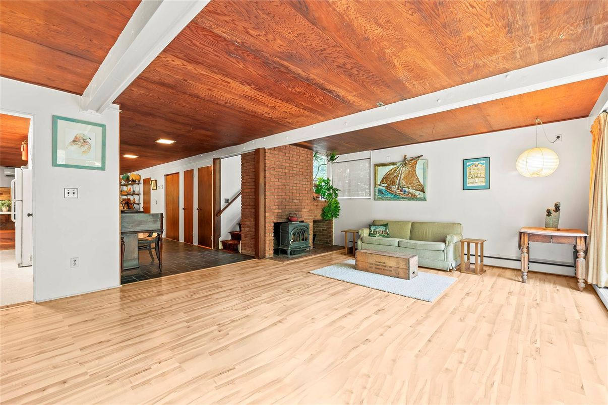 Fireplace, Interior, Living room, Recessed Lighting, Stone Walls, Wooden Ceilings, Wood Texture Flooring