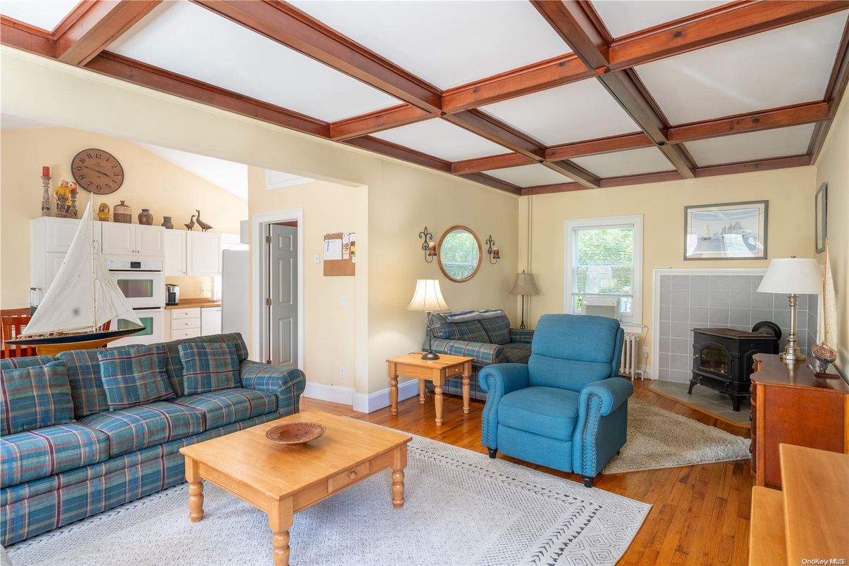 Fireplace, Interior, Kitchen, Living room, Wooden Beams, Wood Texture Flooring