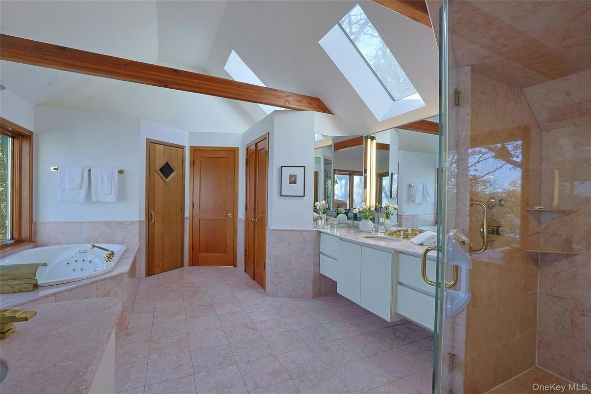 Bathroom, Dual Sink Vanities, Glass Shower, Interior, Wooden Beams